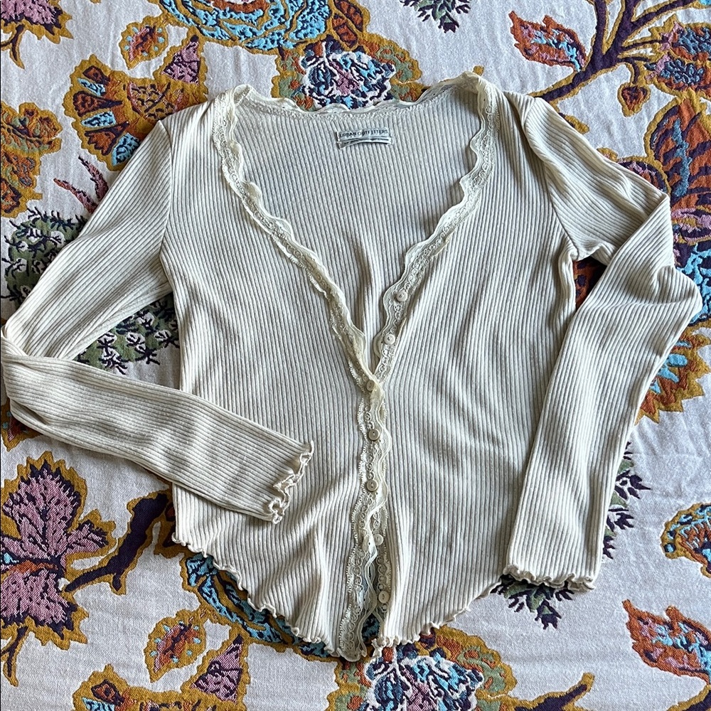Urban Outfitters Cream Lace Trim Long Sleeve Top